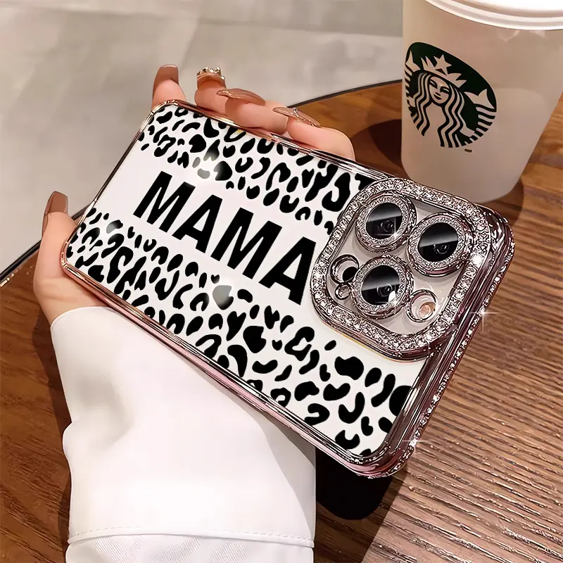 Leopard Print MAMA  luxury rhinestone decor phone case for iPhone 17 17AIR 17PRO 17PROMAX 16 15 14 13 12  plus pro Max shockproof camera protector cover