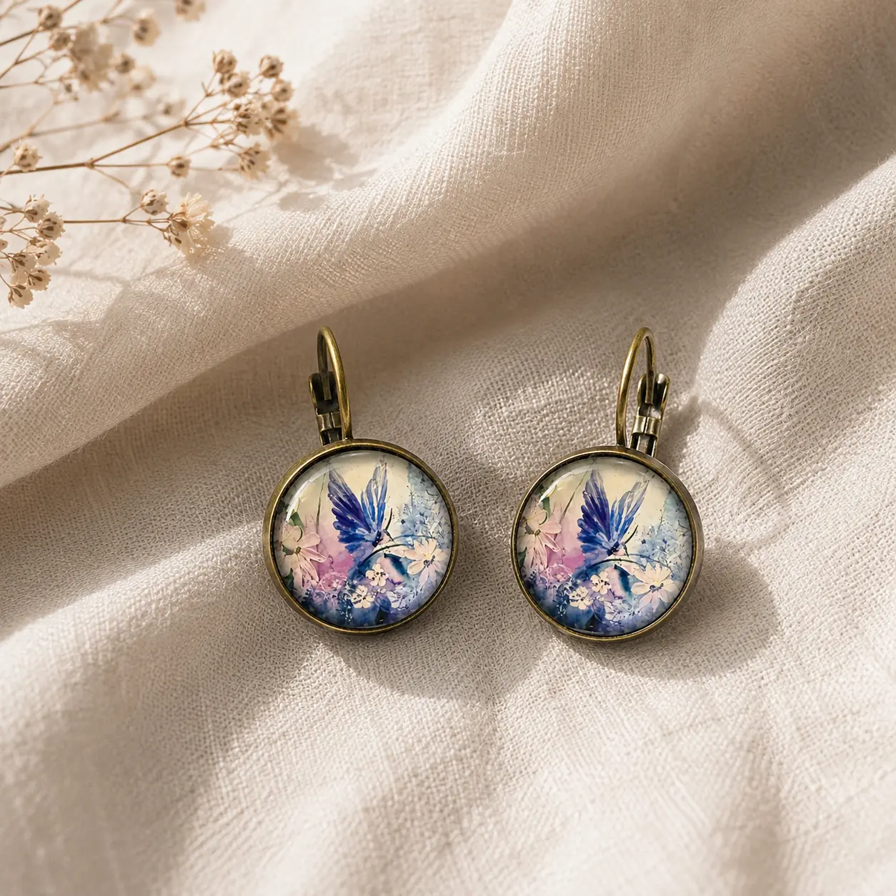 Vintage-Inspired Blue Bird Floral Drop Earrings, Round Leverback Art Earrings for Everyday Wear and Gifting