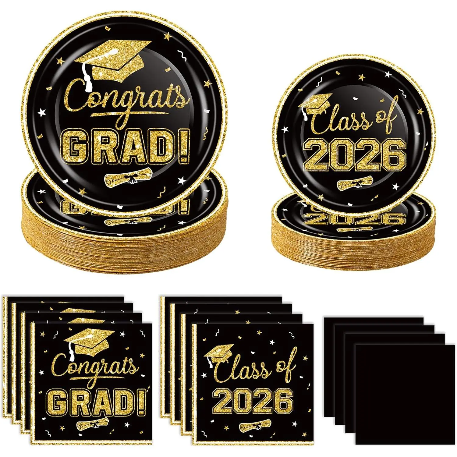 2026 Graduation Party Supplies Tableware Set - 200 Pcs Black Gold Graduation Plates and Napkins Class of 2026 Disposable Dinnerware for College High School Congrats Graduation Party favors, Serve 50