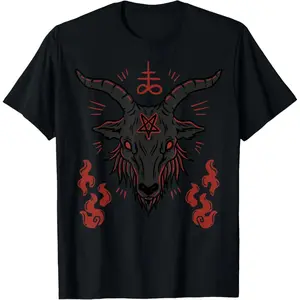 Mens Occult Baphomet Lucifer Sigil Goat Satanic Graphic T-Shirt, Natural Cotton Shortsleeve Fabric, Casual Menswear Top
