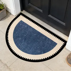 Blue and Contrast Wavy Half-Circle Door Mat, High-Elastic Wear-Resistant Non-Slip Carpet, Suitable for Entryways and Balconies, Easy-Clean Vintage Style Rug for Modern and Retro Home Decor, Soft Washable Rugs