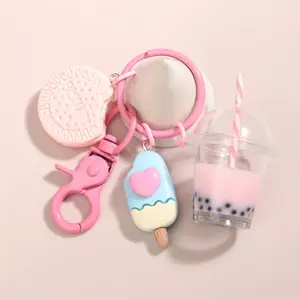1pc Cartoon Cookie Ice Cream Boba Tea Keychain Cute Purse Bag Backpack Car Key Charm Earbud Case Accessory Women Daily Use Gift