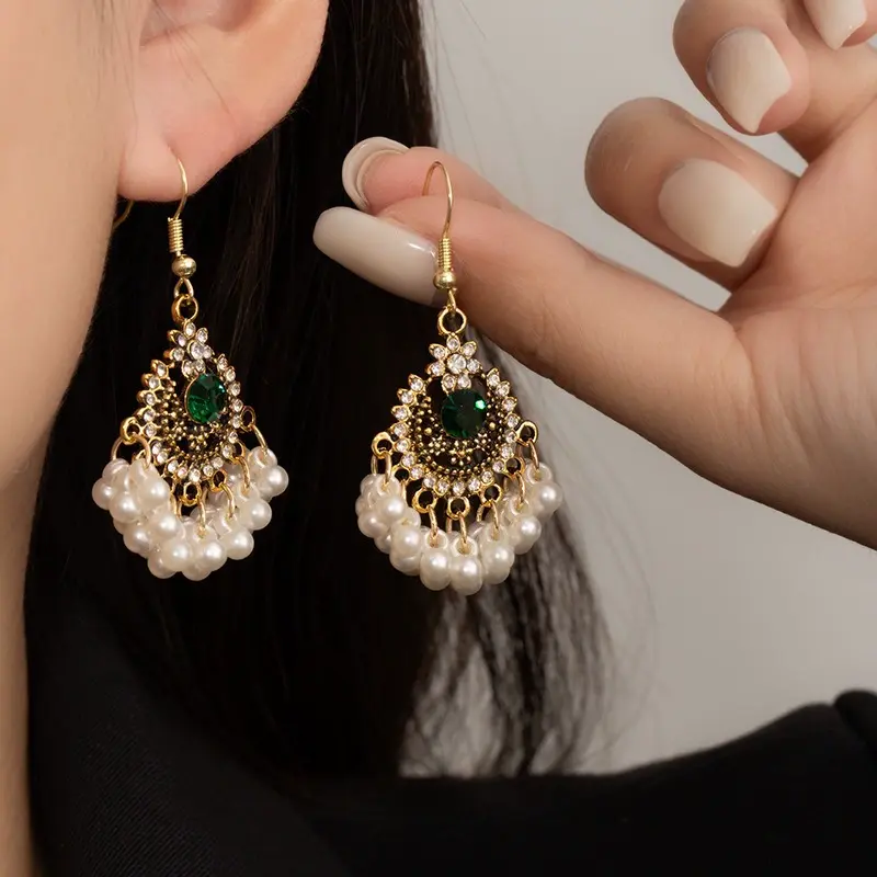 Cross-Border Ethnic Style Pearl Tassel Ear Hooks Bohemian Diamond Flower Earrings Women's Light Luxury Earrings