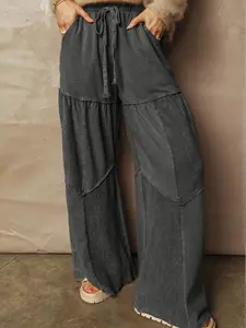 Mineral Wash Tiered Wide Leg Patchwork Drawstring Pants for Casual Wear Adjustable Fit Women's Bottoms Unique Design Versatile Maxi