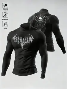 Men's Compression Long-Sleeve Shirt, Moisture Wicking Tee, Stretchy Quick-Dry Fabric, Mock Neck Slim Fit, with Skull & Gothic Graphic Print