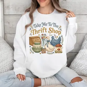 "Take Me To The Thrift Shop" Aesthetic Sweatshirt | Women's Oversized Retro Cottagecore Pullover | Funny Graphic Long Sleeve Crewneck | Sustainable Fashion Lover Gift