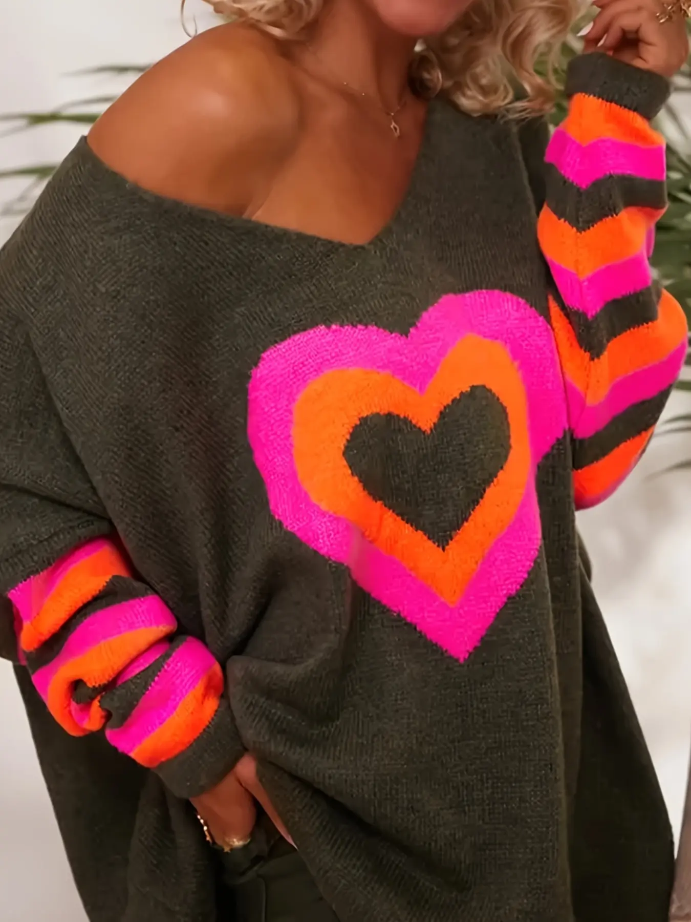 Women's Fashion Military Colorblock Heart Knit Top, Knitting, Long Sleeve, V Neck Shoulder Cut Loose Baggy Design, Casual Fall & Winter Sweater Knitwear