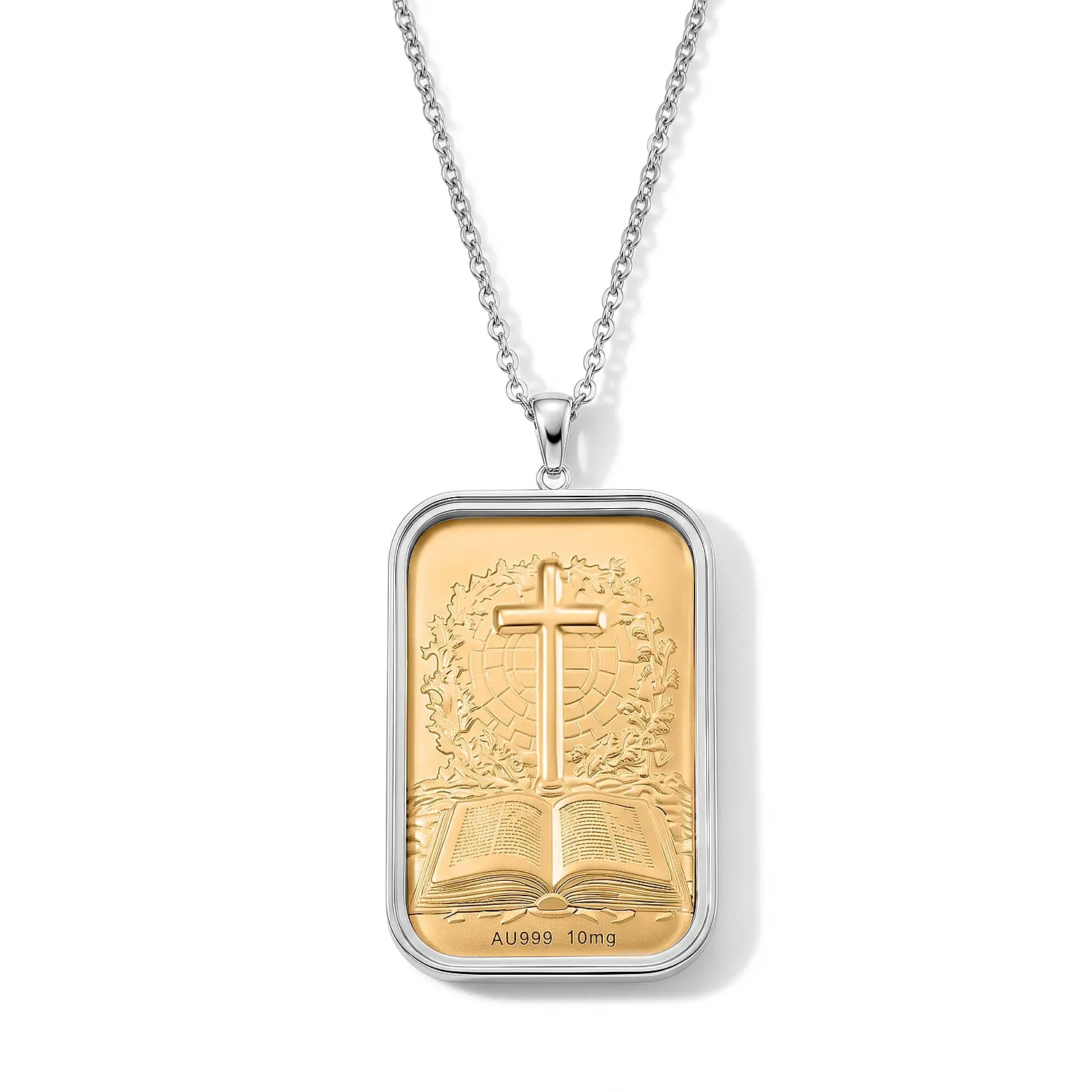 24K Gold Foil Cross & Bible Pendant with Stainless Steel Necklace (20 Inches) 44959