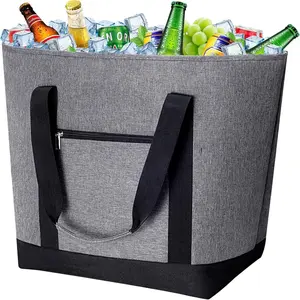 Cooler Bag, Collapsible Leakproof Insulated Bag with Zipper & Handles, Soft Insulated Grocery Bags for Shopping, Travel, Beach, Picnic (50L, Grey)