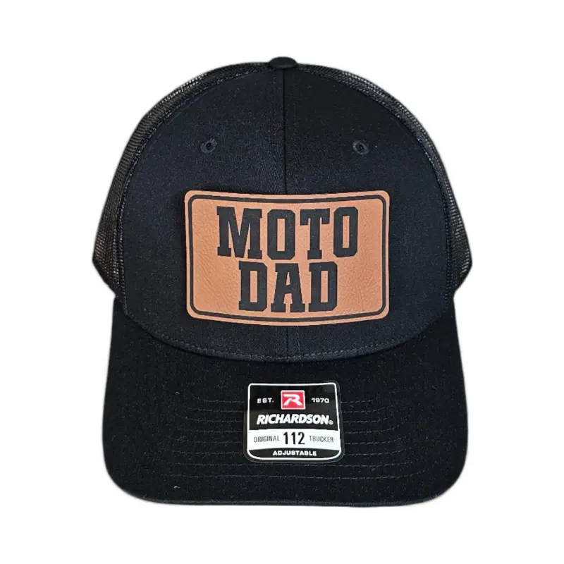Moto Dad Rawhide Rectangle  - Richardson 112 Trucker Hat with Snapbexx Patch - Black Mid-Profile Adjustable Snapback Hat for Adults