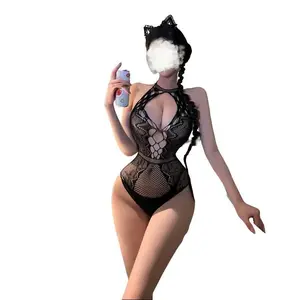Cutout Lace Mesh Halter Bodysuit with Cat-Ear Headband Black Elegant Design for Women One Size Fits XS-XL Extreme Stretchable Fabric Womenswear-=%2= Lingerie=%2= Minimalist Basic Overall--=%2=- lingerie=%2=-- exotic lingerie