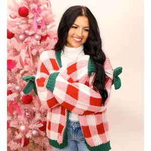 Girly Plaid Christmas Bow Open Front Cardigan