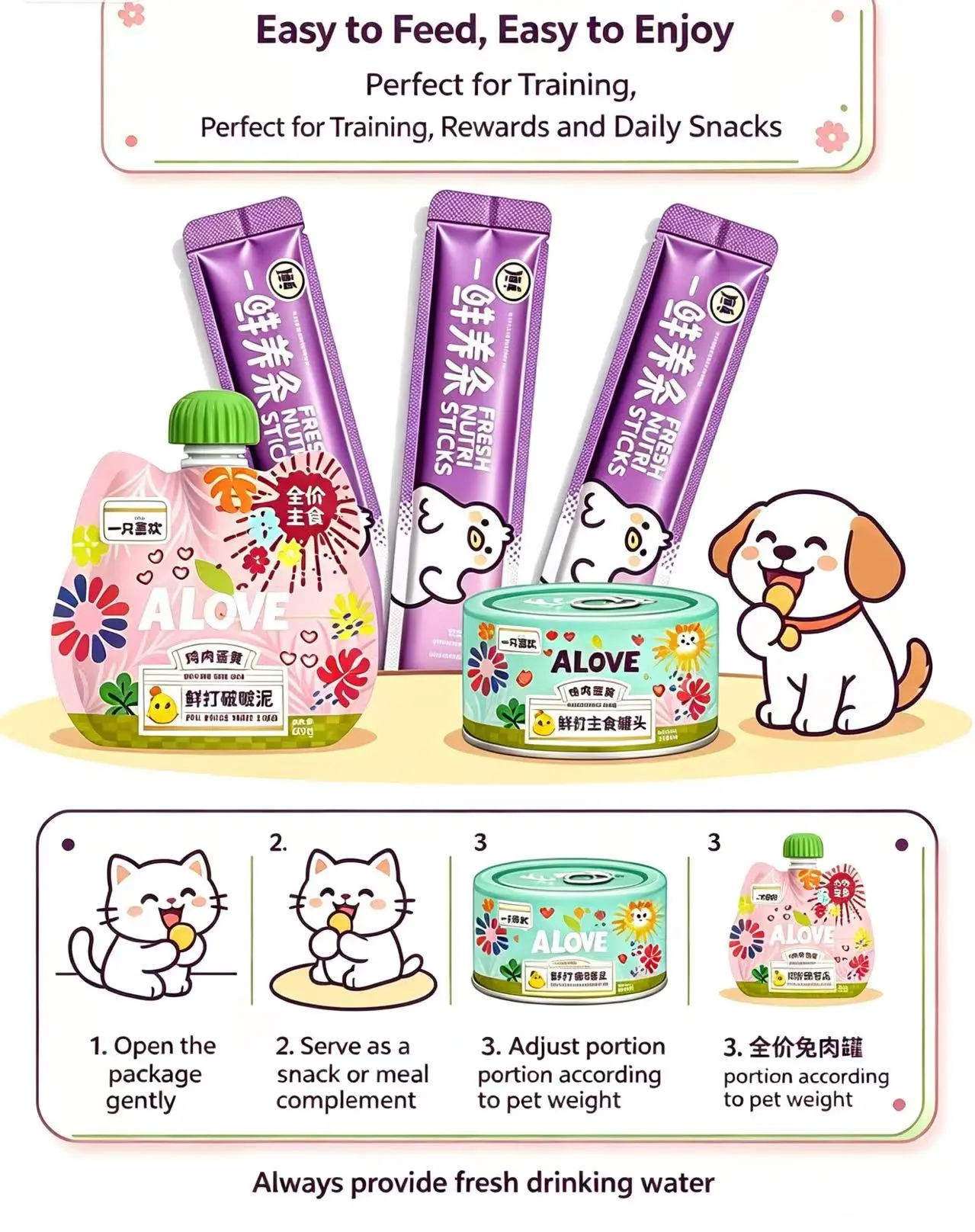 Alove Cat Food Bundle, Complete Staple Food Can 85g + Fresh Nutri Sticks 90g + Full-Price Meal Pouch 100g, Grain Free Gelatin Free No Artificial Attractants, Variety Wet Food & Snack Value Pack for Cats