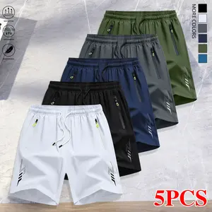 Pack of 5 men’s athletic shorts featuring drawstring design and zippered pockets; breathable fabric suitable for basketball, running, beach activities, outdoor sports, and other physical activities. Regular fit, summer menswear, men’s shorts.