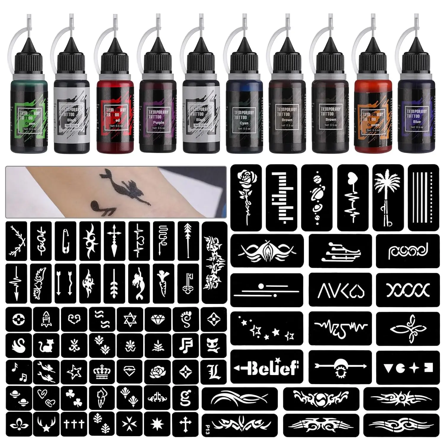 Temporary Tattoo Kit 10 Bottles Color Inks 84 Pcs Stencils for Body Paint DIY Tattoos Temp Fake Tattoo for Women Kids Cosmetic