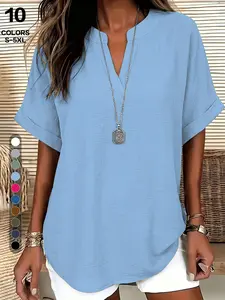2026 European Style V-Neck Textured Short Sleeve Shirt, Summer Loose Fit Medium-Length Womenswear Top, Conceals Fatigue, Casual Versatile T-Shirt