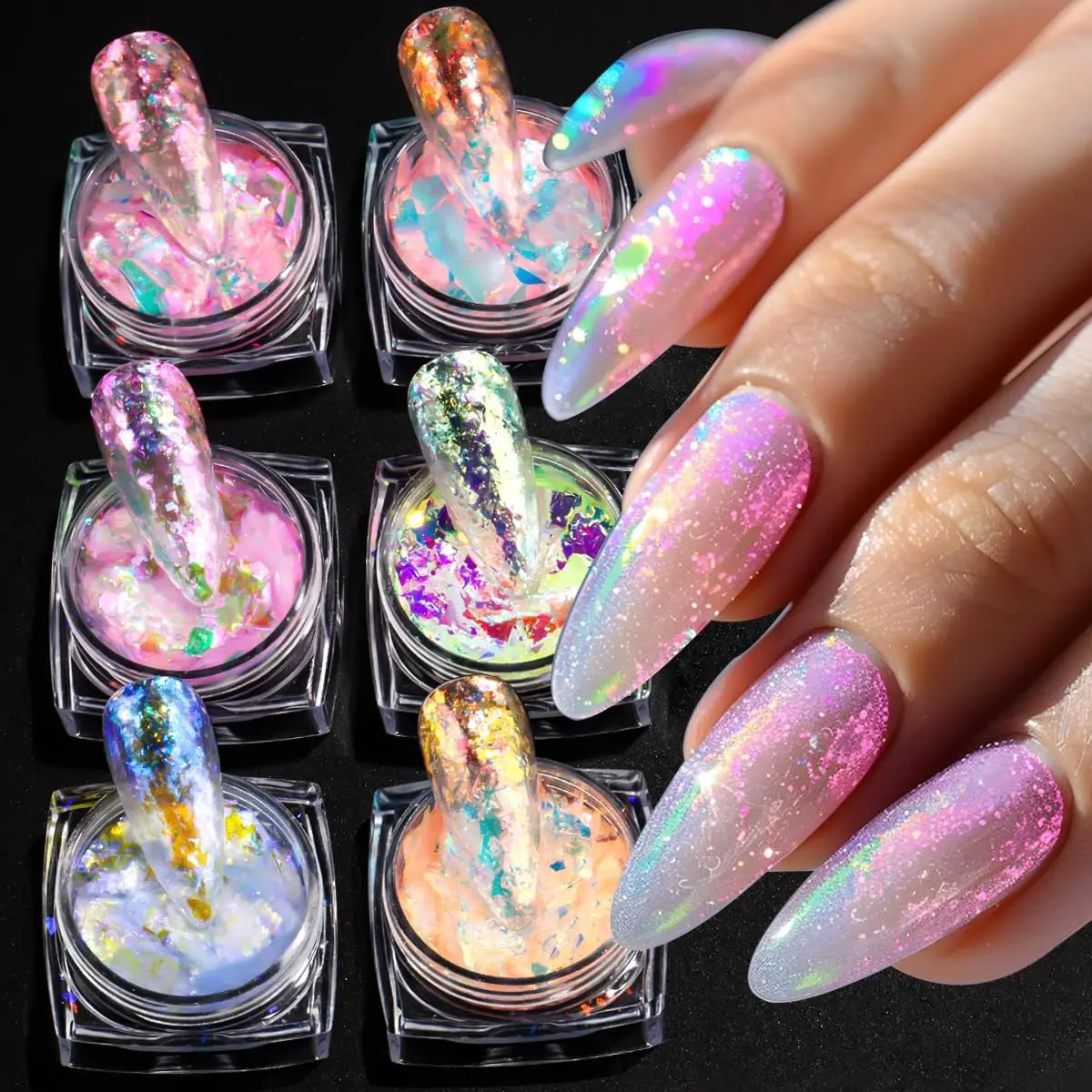6 Pcs Iridescent Chameleon Holographic Glitter Magic Shimmer Nail Art Opal Flakes - Aurora Mermaid Decor, Nail Tech Supplies with Powder Effect & Double-Ended Sponge Sticks for Easy Apply DIY Designs, Nail Art Designs, Easy Nail Art
