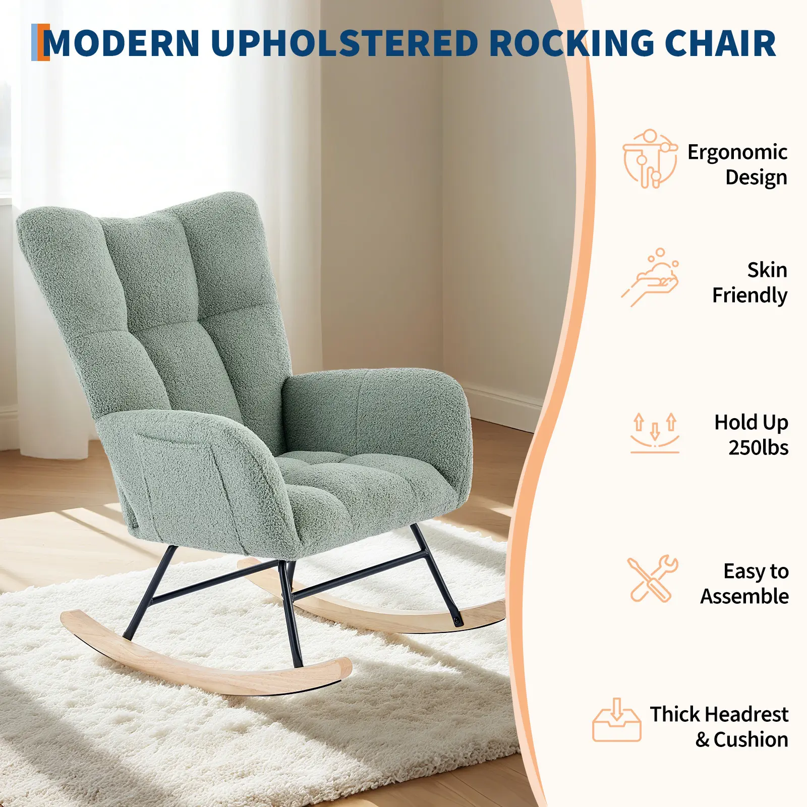 Garvee Soft Boucle Nursery Glider Rocking Chair, High Back Upholstered Accent Armchair with Padded Seat for Nursing & Reading, Side Pocket, Comfortable for Living Room/Office