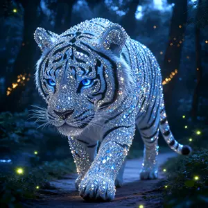 1pc 40x40cm/15.7x15.7Inch Large Sized Framed Round Diamond Painting Kit, White Tiger, Animals, 5D Diamond Painting, All Artificial Rhinestone Mosaic Painting Kit, Painting Kit, Beginner's Handicraft, Handcrafted DIY Diamond Painting