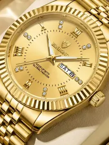 Men's Fashion New Trend Steel Band Diamond Dual Calendar Business Casual Quartz Watch Waterproof Gift Multifunctional Watch