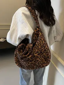 Large-Capacity Fashionable Leopard-Print Corduroy Tote Bag, Women's Casual Handheld Shoulder Bag for All Seasons and Commuting