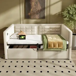 Upholstered Twin Size Daybed, Hydraulic Storage Twin Bed Frame with USB & Type-C Charging, Bed Frame with Wooden Slats and Tufted Sofa Back, Beige, Velvet (Without Mattress)