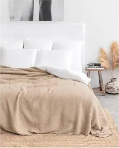 Magic Linen Beige Waffle Texture Blanket - 102x94 in Stone Washed Cotton-Blend, Linen Blend Bedding, Breathable Cool Solid Weave Lightweight Throw for Bed & Farmhouse Boho Couch