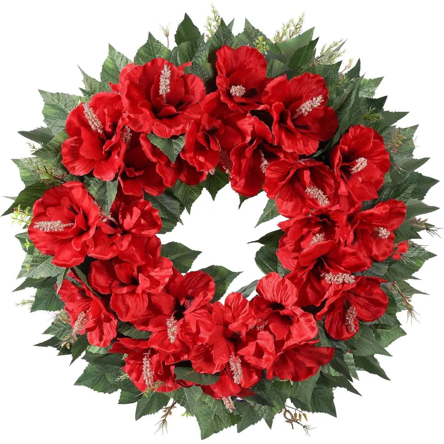 17.7 in Artificial Hibiscus Red Wreath, UV-Resistant Decorative Fake Flowers & Plants Ornaments for Front Door, Farmhouse Porch, Home Decor (Indoor/Outdoor Use)