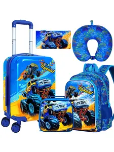 5Pcs Kids Luggage Set with Cool Monster Truck Flame Print | Wheels + Backpack + Lunch Bag + Neck Pillow + Pencil Case | Racing Car Themed Travel Trolley Set for Boys, School & Vacation Trip