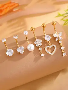 Women's Elegant Faux Pearl & Rhinestone Decor Belly Rings, Cute Heart Butterfly Bow Flower Navel Belly Rings, Fashion Body Jewelry for Party, Daily Decor, Navel Piercing Jewelry