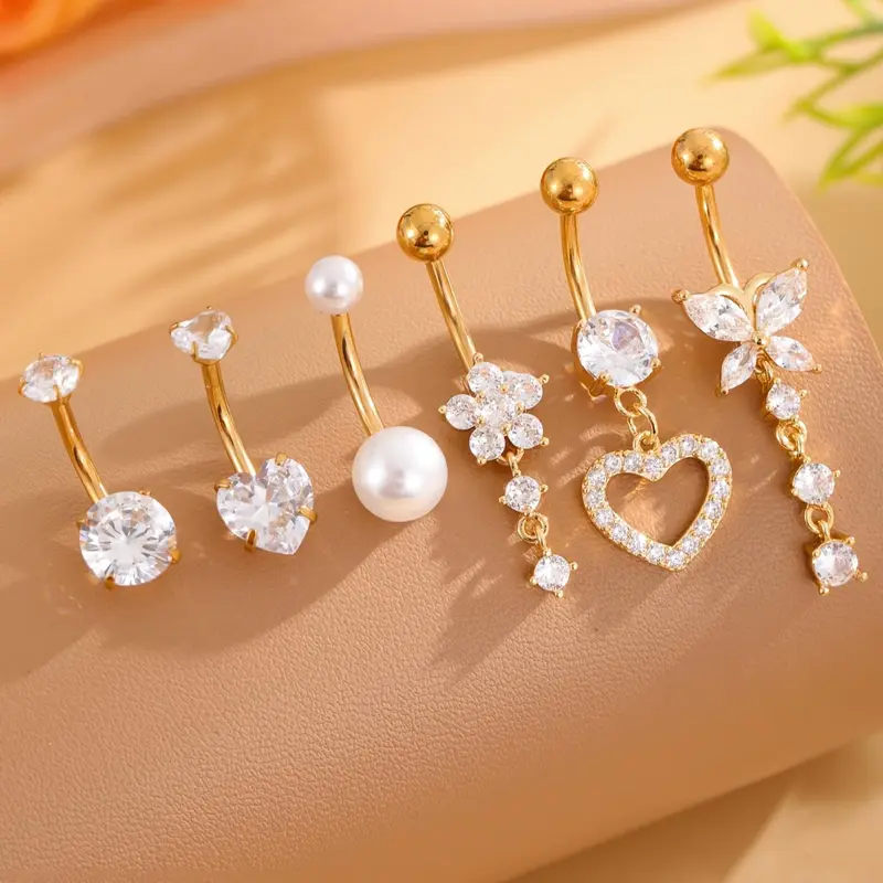 Women's Elegant Faux Pearl & Rhinestone Decor Belly Rings, Cute Heart Butterfly Bow Flower Navel Belly Rings, Fashion Body Jewelry for Party, Daily Decor, Chic Body Jewelry, Navel Piercing Jewelry, Belly Button Rings, Body Jewellery