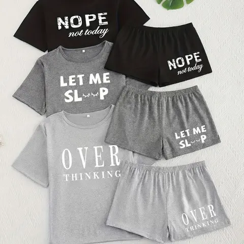 Women's Letter Print Sleepwear Set, Short Sleeve Top & Shorts Pajama Set, Casual Loose Fit Matching Nightwear for Women, Everyday Loungewear Outfits, Lounge Pjs Set