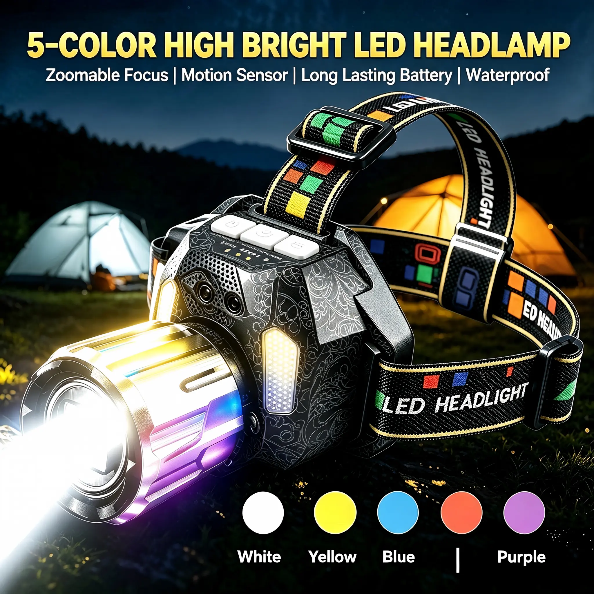 New Upgraded Multi-Function 5-Color LED Headlamp, 10 Lighting Modes, Zoomable High-Lumen Long-Beam, 5-in-1 High Bright White Yellow Blue Red UV Light, USB Rechargeable Waterproof Headlight for Outdoor Camping Fishing Warning Hiking