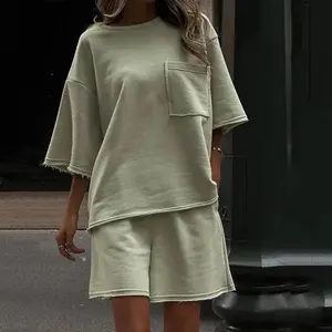 New Solid Color Suit Summer Casual Loose Comfortable Short-Sleeved round Neck Pullover Top Elastic Waist Shorts Two-Piece Set XXOWENLI