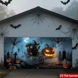 Halloween Garage Banner, Witch on Pumpkin Carriage Scene, Durable Polyester Material, Perfect for Halloween Party Decoration