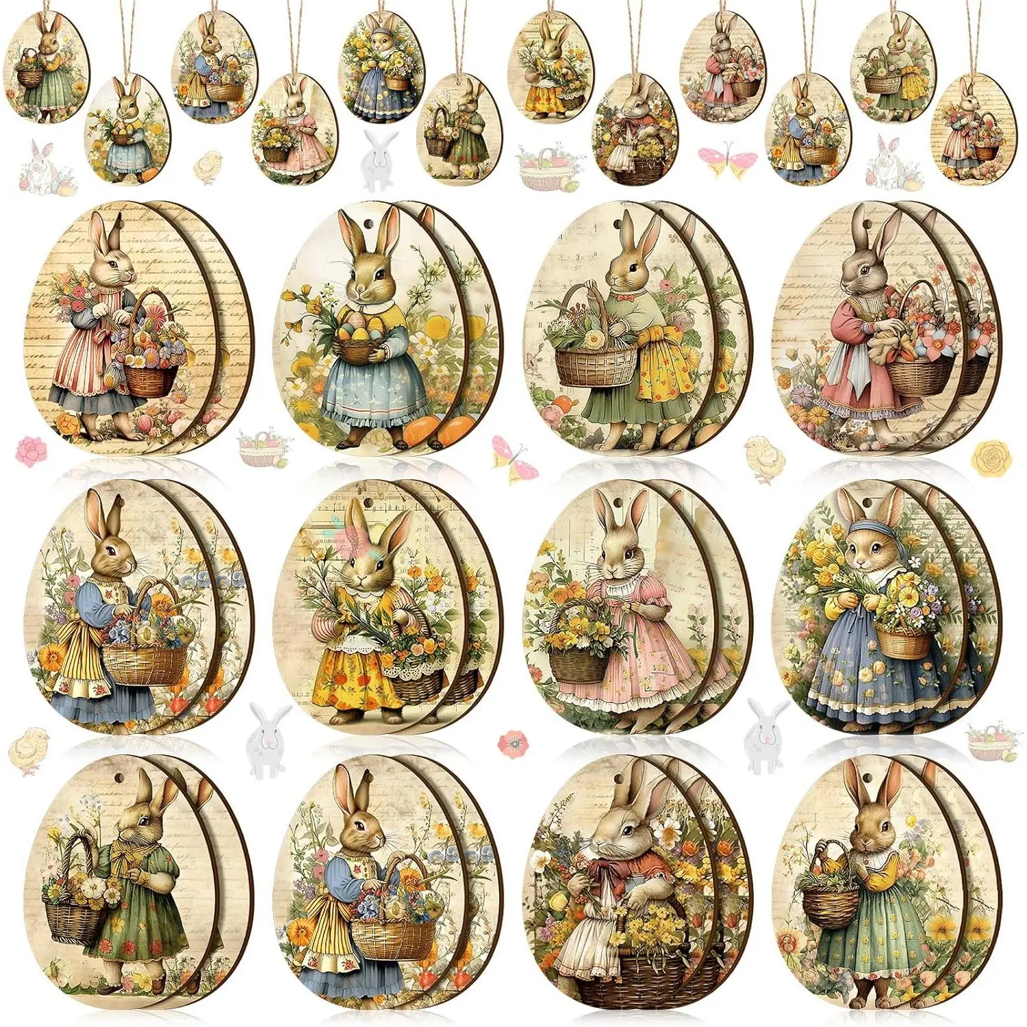 36 Pcs Farmhouse Retro Easter Wooden Ornaments - Bunny, Egg-Shape Wood Cutouts, Mini Signs with Rope for Small Tree, Home Indoor Spring Festive Decorations
