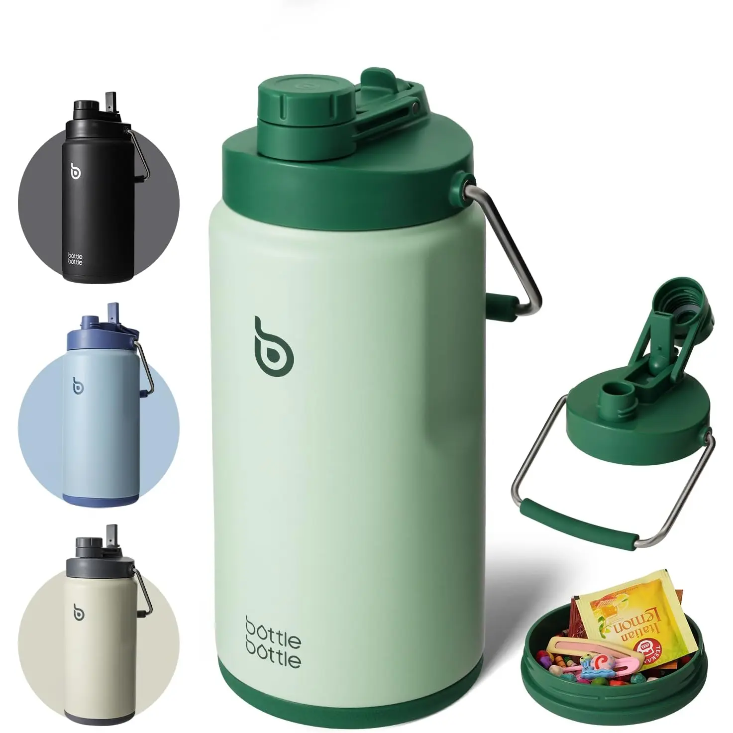Insulated Water  64 oz with Straw and Dual-use Lid Half Gallon Water Jug Vacuum Stainless Steel for Workout Sports Insulated Beer Growler with Handle and Pills Holder Green