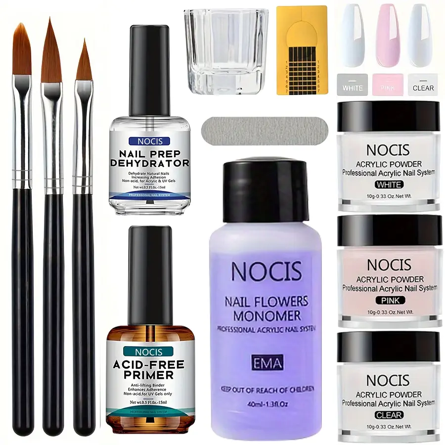 Complete Acrylic Nail Kit with EMA Monomer, 3  Acrylic Powder, Acid-Free Primer & Dehydrator, Professional Nail Extension Set for Beginners, Salon-Quality DIY Manicure at Home