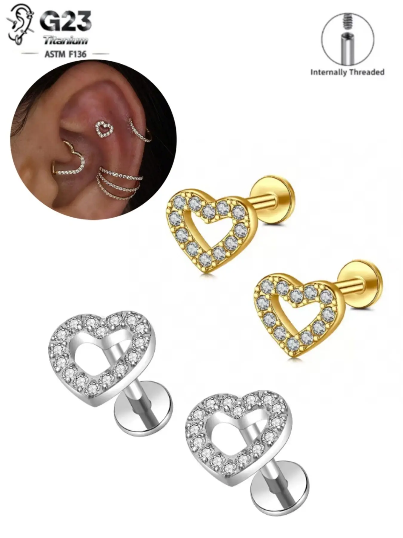 vanku 1pcs G23 Titanium Zirconia Inlaid Heart Flat Back Stud Earrings, 16G/18G G23 TitaniumThread CZ Studs Hypoallergenic Durable Conch Cartilage Helix Tragus Piercing Jewelry Lip Labret Medusa Nose Studs Heart Shaped Earrings for Women