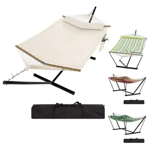 2 Person Hammock with Stand, Portable Outdoor Hammock, Heavy Duty Hammock with Carrying Bag, Soft Pillow, Balance Ropes, White