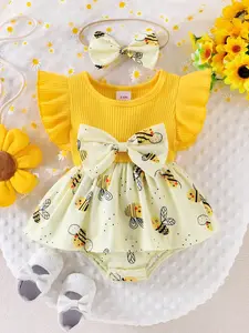 Baby Girl Cute Angelic 2-Piece Set, Striped Patchwork Colorblock Bee Print Skirt, Large Bow Decorated Sleeveless Romper Dress