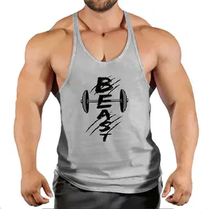 Men's Beast Barbell Print Slim Fit Back Workout Vest solid color sleeveless gym shirt