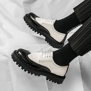 Men's Brogue Wingtip Loafers - Black & White Two-Tone Design, Glossy Finish, Versatile Casual & Business Shoes for Casual Attire, Dressy Shoes