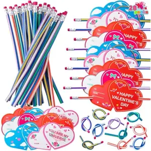 28 Pcs Valentine Bendy Pencils, with Cross Through Heart Shaped Greeting Cards, Classroom Exchange Party Favors Kids gifts for School Classmates Reward Prizes
