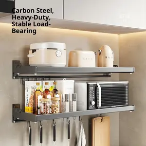 Carbon Steel Wall-Mounted Kitchen Storage Rack Microwave Organizer Gun Gray 20x30cm Multi-Functional Heavy-Duty Stable Load-Bearing Floating Shelf for Spices Oils & Essentials