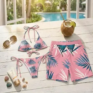 [Hot Summer 2026] - Vibrant Pink Tropical Palm Leaves Matching Couple Swim Set - Women's Triangle Bikini & Men's Hawaiian Board Shorts