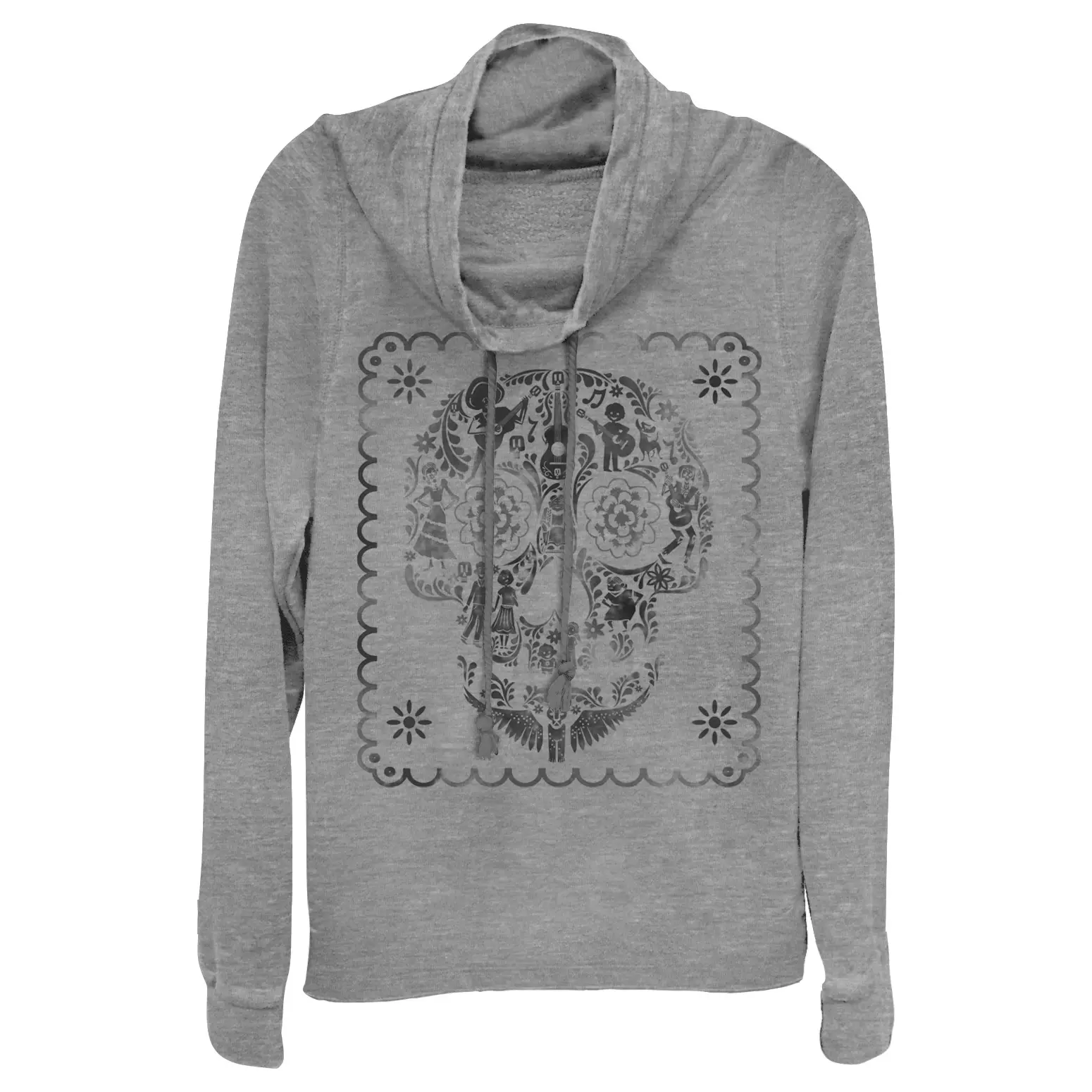Juniors Womens Coco Sugar Skull Stamp Cowl Neck Sweatshirt