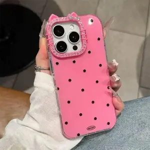 SparkleStyle High-Value Cat Ear Glitter Lens Polka Dot Case for iP16 Pro Max & iP15 Pro with Airbag Protection & Rhinestone Accents Diamond Protective Casing