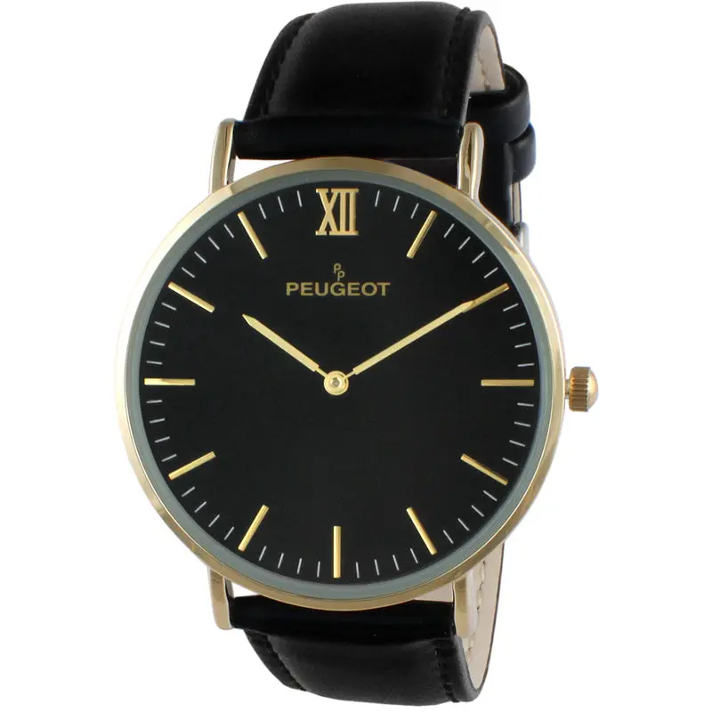 Peugeot Men's 40mm Black Dial Super Slim Leather Strap Watch