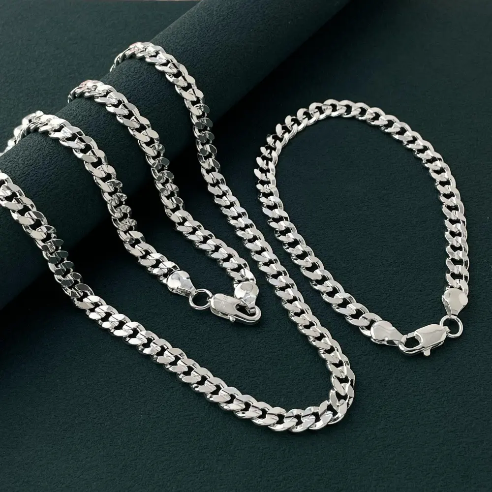 925 Sterling Silver 7mm Sideways Men's women Chain Necklace Bracelet Set Jewelry Gift -20IN/24IN